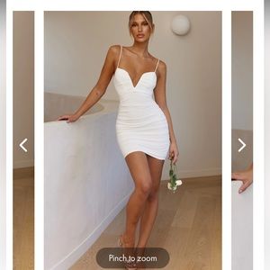 GOOD VIBES CAMI STRAP DEEP V-NECKLINE RUCHED MINI DRESS WHITE